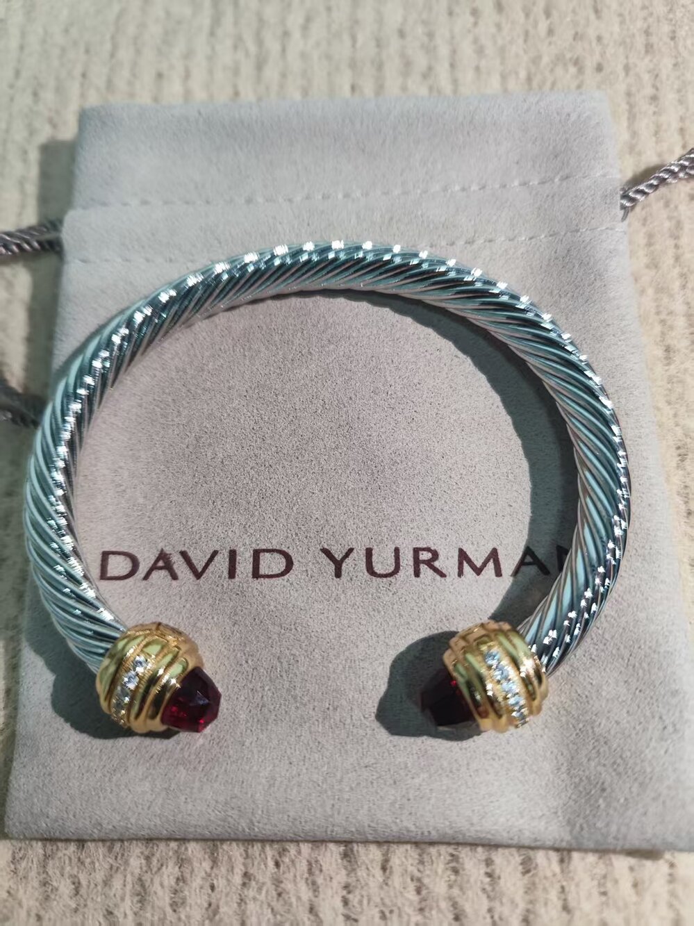 David Yurman Cable Cuff Bracelet Red Gemstone Diamond Sterling Silver
